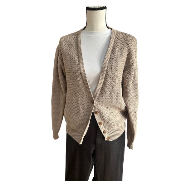Vintage Sweaters - Vintage Taupe Knit Button-Up Cardigan Women’s Medium – Oversized Slouchy Sweater